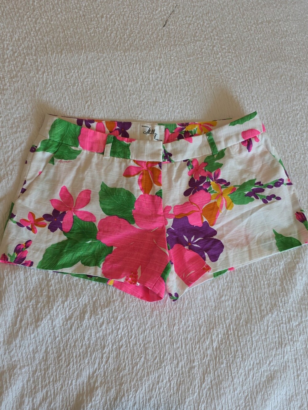 Milly 100% Cotton White Floral Shorts with Pink & Green. Size 2